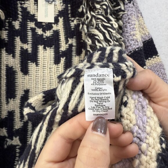 Sundance Cardigan Sweater Womens Small Navy Cream Aztec Shag Collar Knit Long - Picture 6 of 9